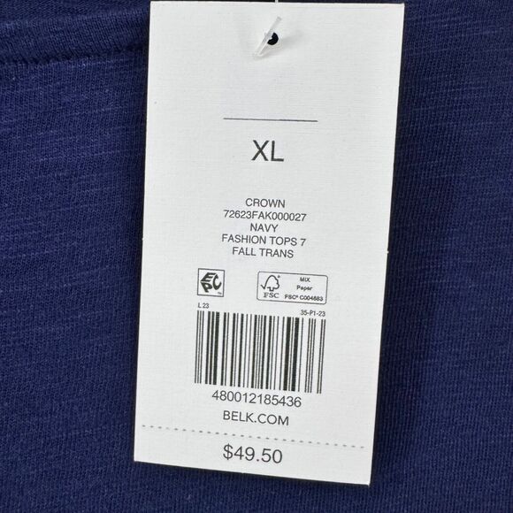 Crown & Ivy Top Womens XL Blue Navy Crew Neck Long Sleeves Smoked Elastic Cuff - Picture 12 of 13